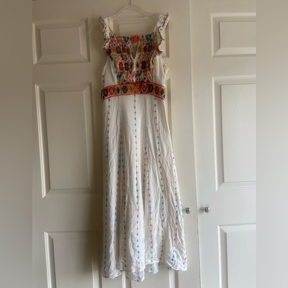 Maeve White Maxi Dress with Colorful Embroidery
